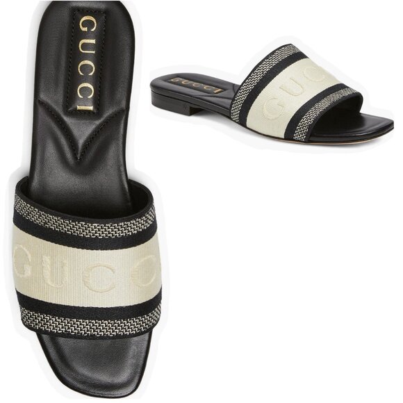 Gucci Jane Slide Sandals Black/White Embroidered Logo Flat Open Toe  38.5 US8.5 - Picture 1 of 11